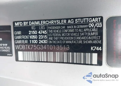 2004 Mercedes-Benz Clk 500 из США, поврежденный, VIN WDBTK75G34T013513